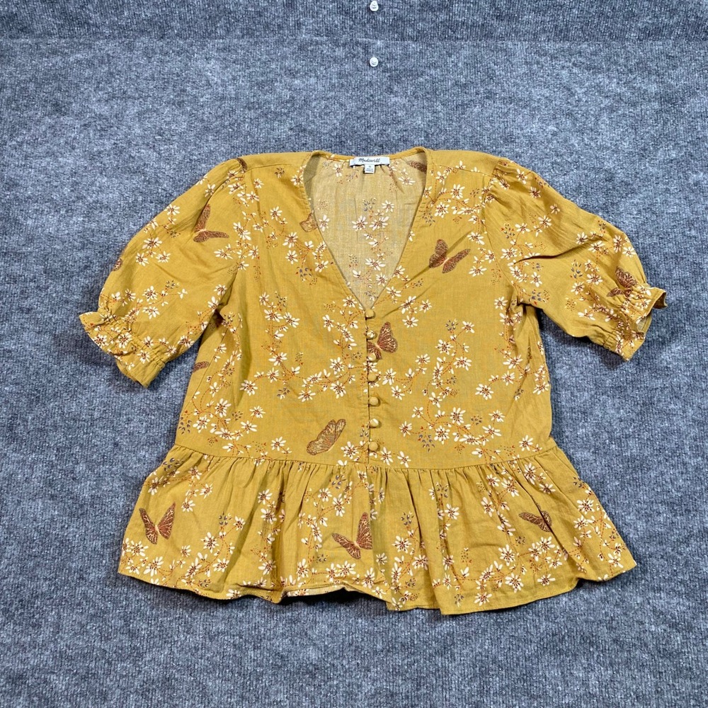Madewell Mustard Yellow Butterfly Floral Peplum Button Front Top XS 11977-C